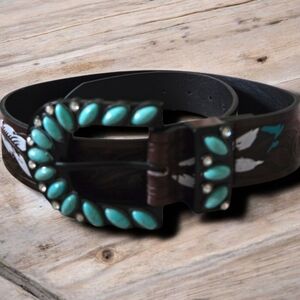 Leather Tooled Belt W Turquise Accents NWT